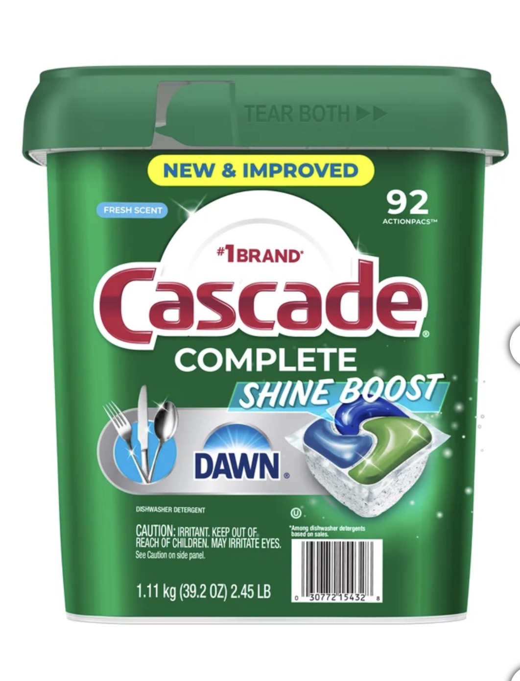 Cascade Complete Shine Boost Dishwasher Detergent ActionPacs, Fresh, 92-count